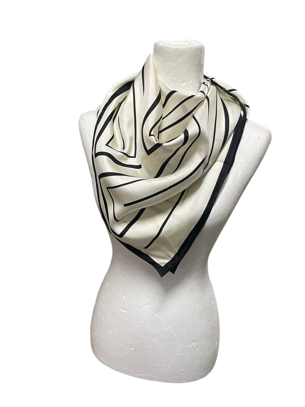 NWT Lafayette 148 Silk Twill Scarf Signature L Beam Cloud Multi Ivory Black